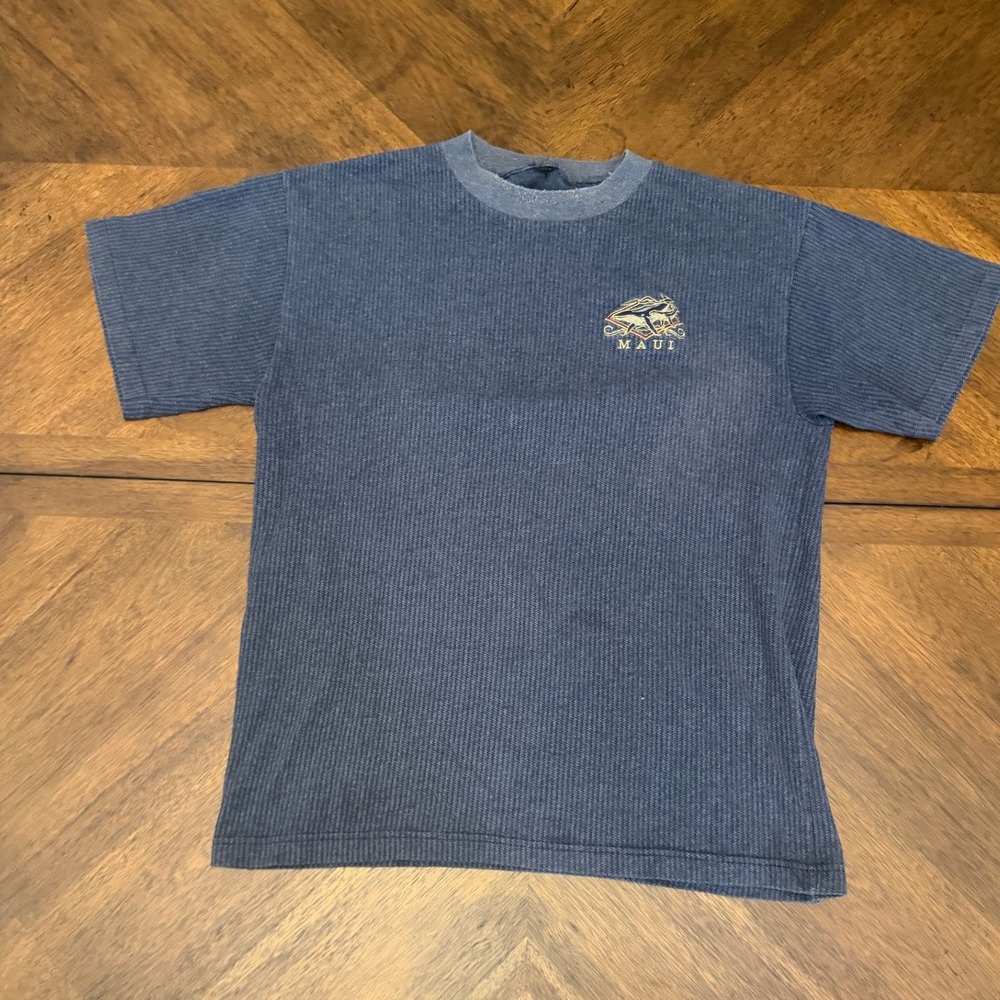 Vintage Maui Surf Embroidered Ribbed Knit T-Shirt Blue Mens Large 90s Surfwear